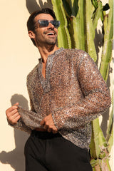 Barabas Wholesale Men's See Through Sequins V-Neck Long Sleeve Shirts 5PST01 Beige