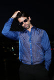 Barabas Wholesale Men's See Through Geometric Shiny Long Sleeve Shirts 5B01 Blue