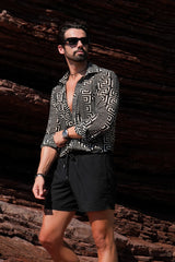 Barabas Wholesale Men's Greek Key Stretch See Through Long Sleeve Shirt 4B96 Black White