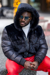 Barabas Men's Hooded Fur Fabric Winter Bomber Jacket 4BH90 Black