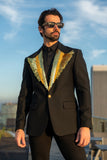 Barabas Wholesale Men's Pearls Gold Leaf Decorative Peak Lapel Blazer 4EBL45 Black Gold