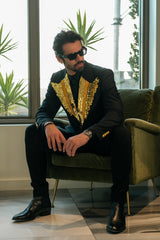 Barabas Wholesale Men's Pearls Gold Leaf Decorative Peak Lapel Blazer 4EBL45 Black Gold
