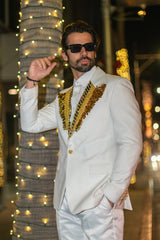 Barabas Wholesale Men's Pearls Gold Leaf Decorative Peak Lapel Blazer 4EBL45 White Gold
