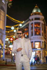 Barabas Wholesale Men's Geometric Pattern Rhinestone Henley Lapel Blazer 4EBL53 white silver