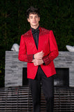 Barabas Wholesale Men's Geometric Pattern Rhinestone Henley Lapel Blazer 4EBL53 Red Black