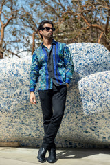 Barabas Wholesale Men's Rhinestone Floral Rooster Long Sleeve Shirts 4SPR10 Blue