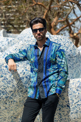 Barabas Wholesale Men's Rhinestone Floral Rooster Long Sleeve Shirts 4SPR10 Blue