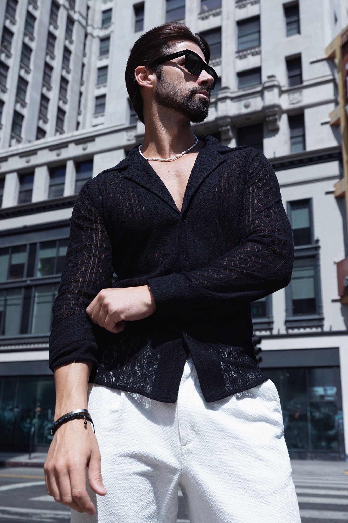 Barabas Wholesale Men's Embroidered See Through Floral Long Sleeve Shirts 4B85 Black 