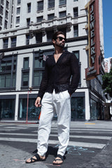 Barabas Wholesale Men's Embroidered See Through Floral Long Sleeve Shirts 4B85 Black 
