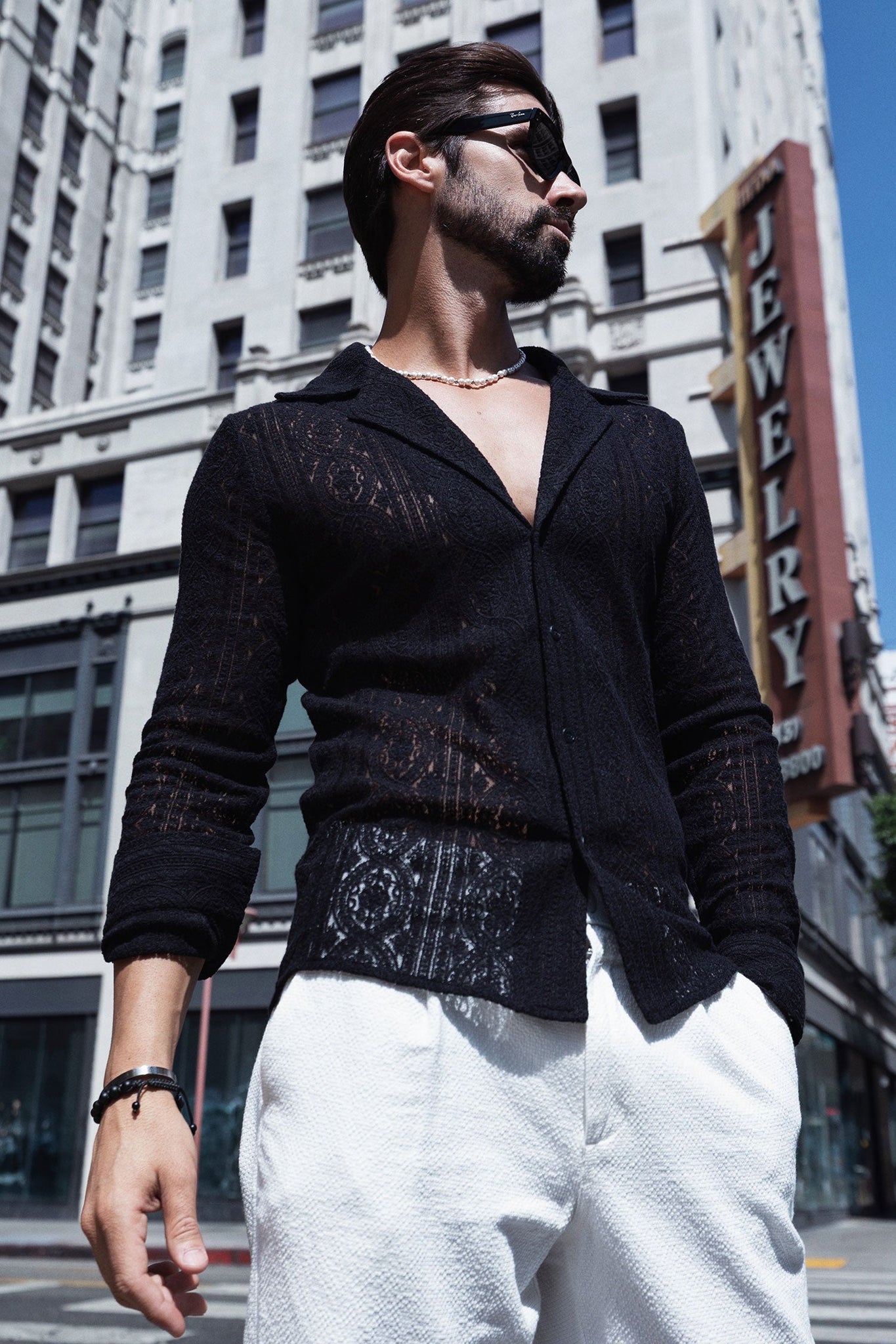 Barabas Wholesale Men's Embroidered See Through Floral Long Sleeve Shirts 4B85 Black 