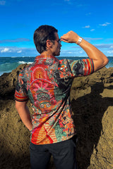 Barabas Wholesale Men's Rhinestone Floral Dragon Short Sleeve Shirt 4SSR11 Red