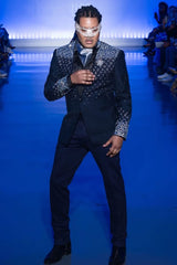 Barabas Wholesale Men's Geometric Pattern Rhinestone Henley Lapel Blazer 4EBL53 Navy Silver