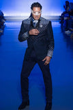 Barabas Wholesale Men's Geometric Pattern Rhinestone Henley Lapel Blazer 4EBL53 Navy Silver