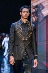 Barabas Wholesale Men's Rhinestone Crystals Geometric Shawl Lapel Blazer 4EBL51 Gold Black
