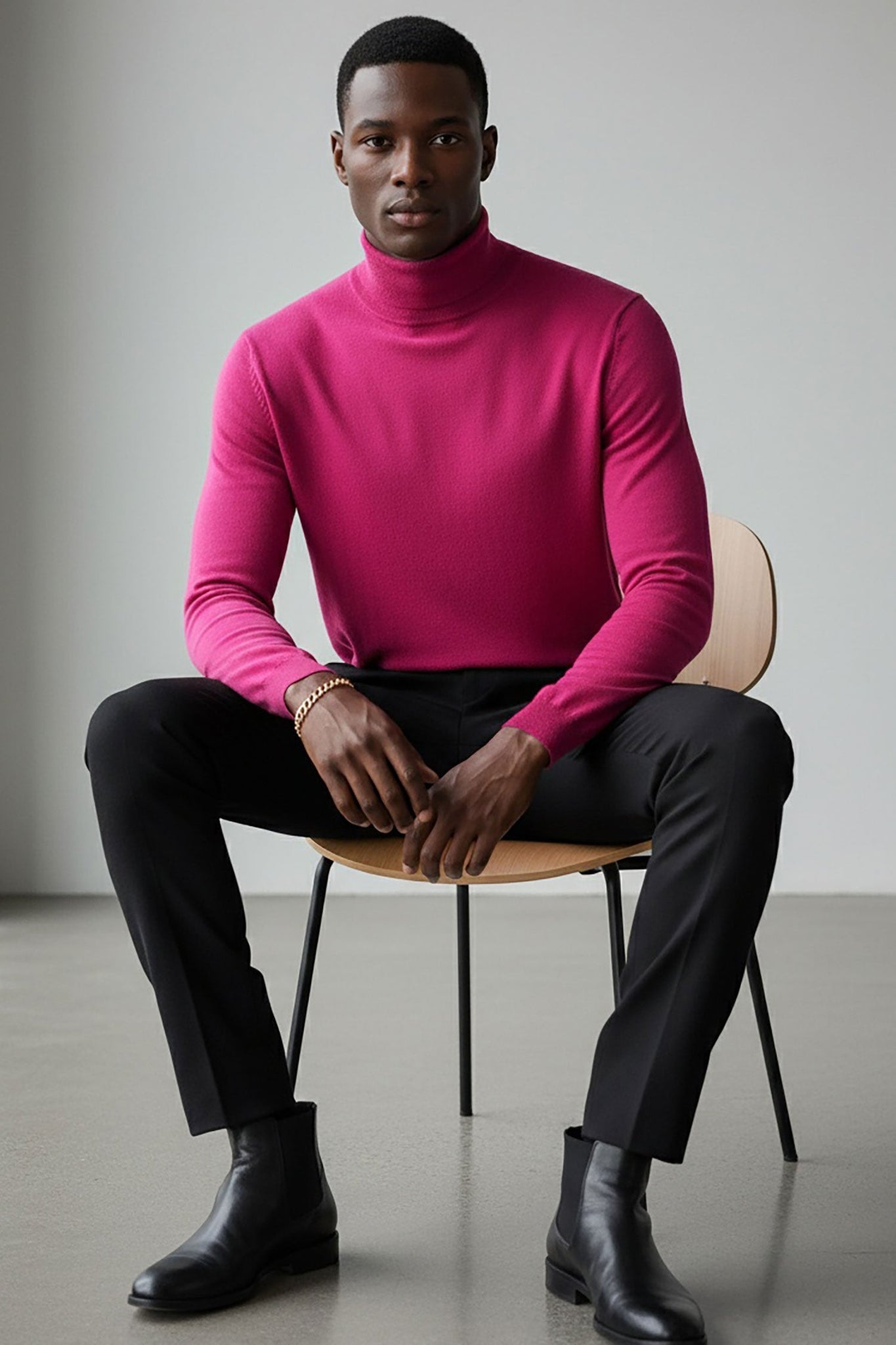 Men's Turtleneck Ribbed Solid Color Basic Sweater LS2100 Fuchsia 