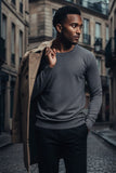 BARABAS Men's Crew Neck Ribbed Solid Color Basic Sweater LS2101 Grey