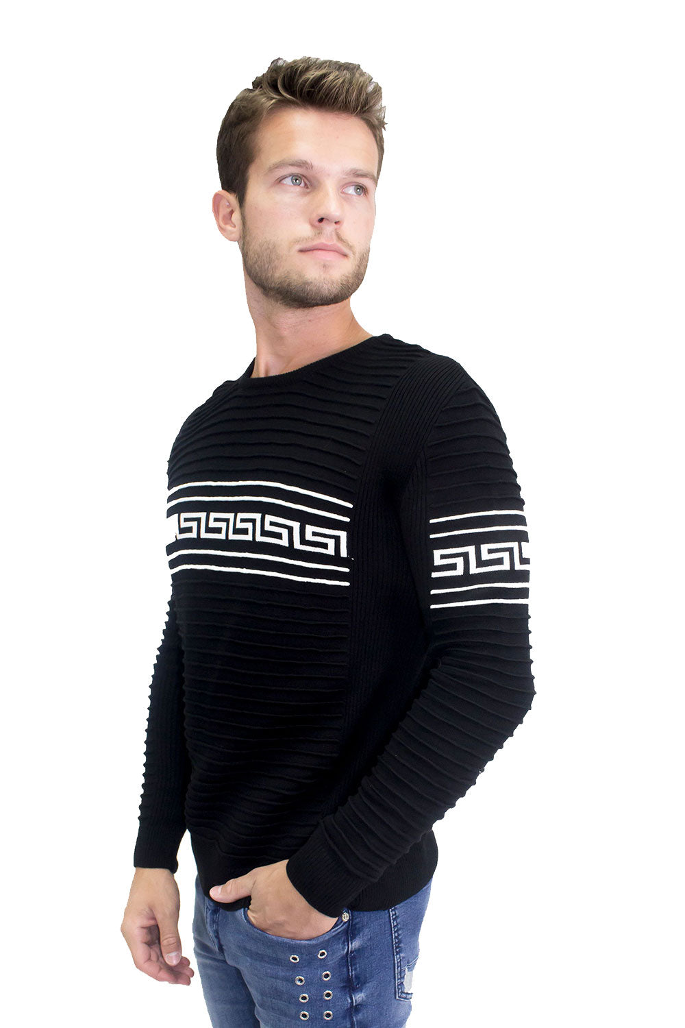 Barabas Men's Solid Color Greek Pattern Crew Neck Sweaters LS226 Black