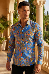 Benziny Men's Geometric Long Sleeve Shirt LS5115 Blue