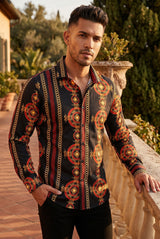 Benziny Primted men's Influence Greek Key Long Sleeve Shirt LS5121 Black