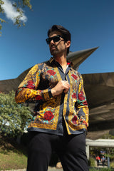 Barabas Wholesale Men's Rhinestone Floral Unicorn Long Sleeve Shirts 3SPR418 Black Gold