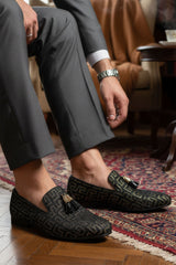 Barabas Wholesale Men's Rhinestone Greek key Pattern Tassel Loafer Shoes SH3087 Black Gold