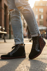Barabas Wholesale Men's Rhinestone Greek Pattern Design High Top Sneakers SH729  Black Red