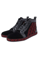 Barabas Wholesale Men's Rhinestone Greek Pattern Design High Top Sneakers SH729  Black Red
