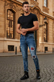 BARABAS Men's Ripped Plaid Patches Rhinestone Spike Denim Jeans SN8864 Blue
