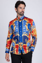 Barabas Wholesale Men's Medusa Floral Greek Key Button Down Baroque Shirt SP01 Blue