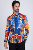 Barabas Wholesale Men's Medusa Floral Greek Key Button Down Baroque Shirt SP01 Blue