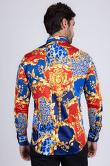 Barabas Wholesale Men's Medusa Floral Greek Key Button Down Baroque Shirt SP01 Blue