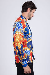 Barabas Wholesale Men's Medusa Floral Greek Key Button Down Baroque Shirt SP01 Blue