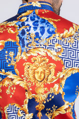 Barabas Wholesale Men's Medusa Floral Greek Key Button Down Baroque Shirt SP01 Blue