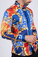 Barabas Wholesale Men's Medusa Floral Greek Key Button Down Baroque Shirt SP01 Blue