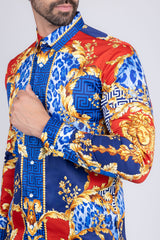 Barabas Wholesale Men's Medusa Floral Greek Key Button Down Baroque Shirt SP01 Blue