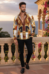 Barabas Wholesale Men's Medusa Floral Greek Key Button Down Baroque Shirt SP01 Gold