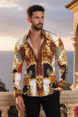Barabas Wholesale Men's Medusa Floral Greek Key Button Down Baroque Shirt SP01 Gold