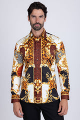 Barabas Wholesale Men's Medusa Floral Greek Key Button Down Baroque Shirt SP01 Saddle