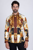 Barabas Wholesale Men's Medusa Floral Greek Key Button Down Baroque Shirt SP01 Saddle
