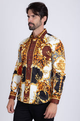 Barabas Wholesale Men's Medusa Floral Greek Key Button Down Baroque Shirt SP01 Saddle