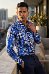 BARABAS Men's Medusa Floral Checkered Baroque Button Down Shirt SP02