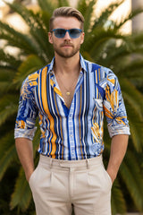 Barabas Wholesale Men's Vibrant Floral Printed Striped Long Sleeves Shirt SP08 Blue