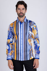 Barabas Wholesale Men's Vibrant Floral Printed Striped Long Sleeves Shirt SP08 Blue