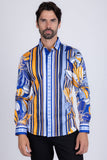Barabas Wholesale Men's Vibrant Floral Printed Striped Long Sleeves Shirt SP08 Blue