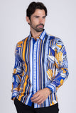Barabas Wholesale Men's Vibrant Floral Printed Striped Long Sleeves Shirt SP08 Blue