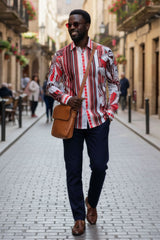 Barabas Wholesale Men's Vibrant Floral Printed Striped Long Sleeves Shirt SP08 Red