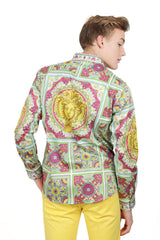 Barabas Wholesale Men's Luxury Medusa Floral Baroque Button Down Shirt SP13 blue