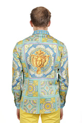 Barabas Wholesale Men's Luxury Medusa Floral Baroque Button Down Shirt SP13 blue