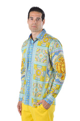 Barabas Wholesale Men's Luxury Medusa Floral Baroque Button Down Shirt SP13 blue