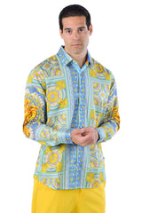 Barabas Wholesale Men's Luxury Medusa Floral Baroque Button Down Shirt SP13 blue